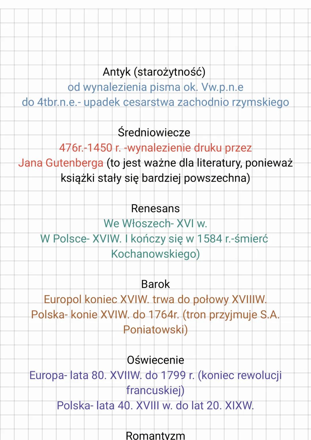 Antyk (starożytność)
od wynalezienia pisma ok. Vw.p.n.e
do 4tbr.n.e.- upadek cesarstwa zachodnio rzymskiego
Średniowiecze
476r.-1450 r. -wyn