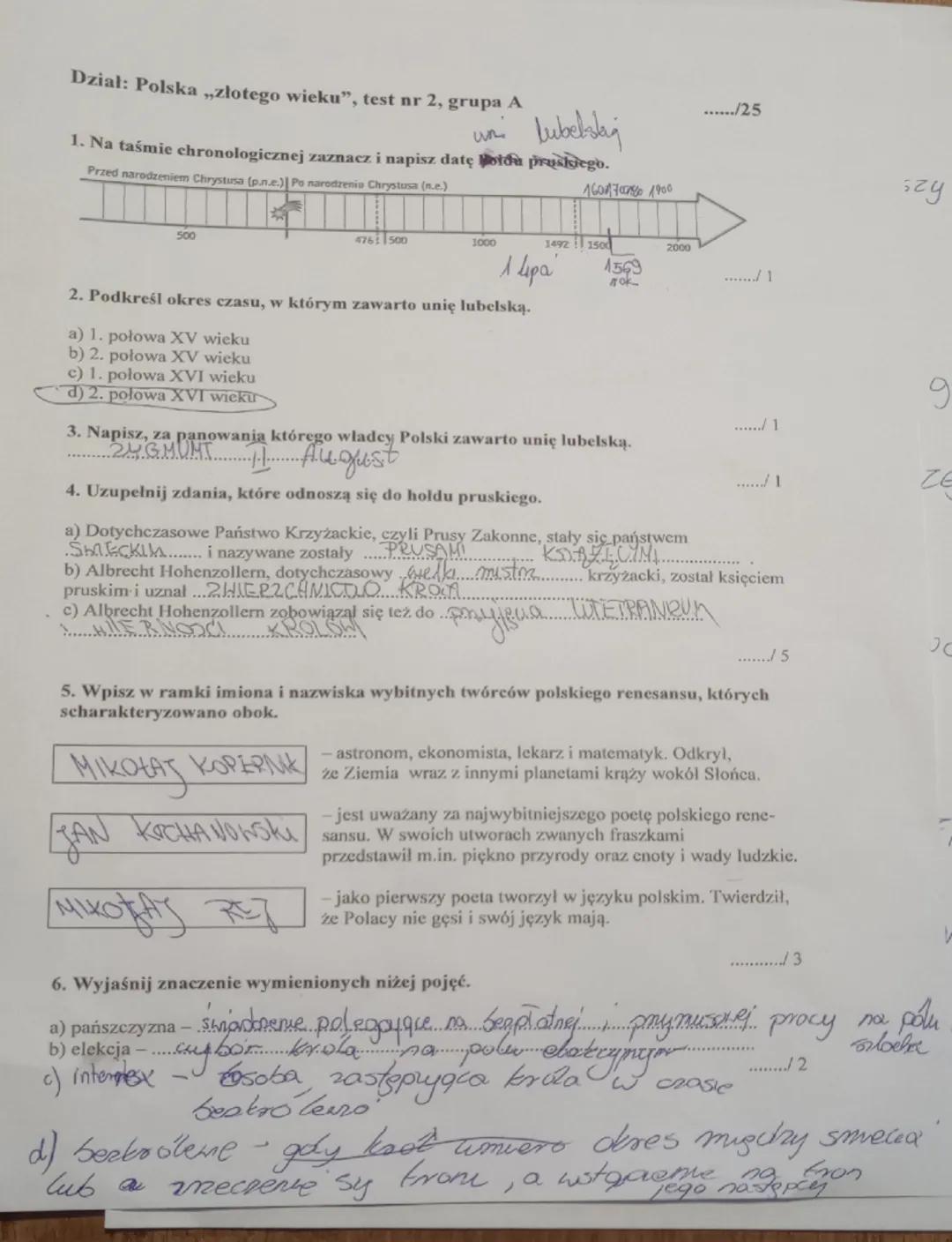 Dział: Polska „złotego wieku”, test nr 2, grupa A
wn
Lubelslag
1. Na taśmie chronologicznej zaznacz i napisz datę poida pruskiego.
Przed nar