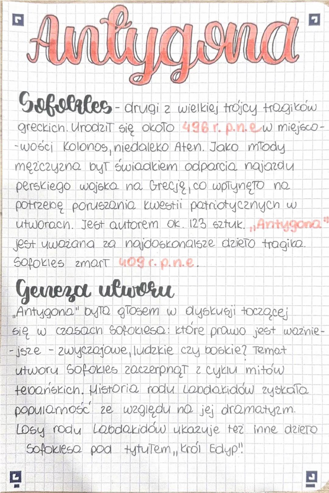 * Antygona
Sofocales - drugi z wielkiej trójcy tragików
greckich. Urodził się około 496 r. p.n.e w miejsco-
-wości kolonos, niedaleko Aten. 
