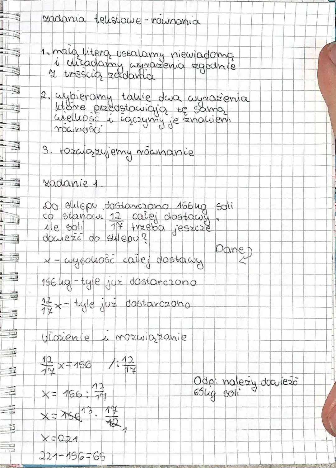 --- OCR Start ---
zadania tekstowe - rownania
1. mala litera ustalamy niewiadomą
i ulitadamy wyrazenia zgodnie
y trescią zadania
2. wybieram