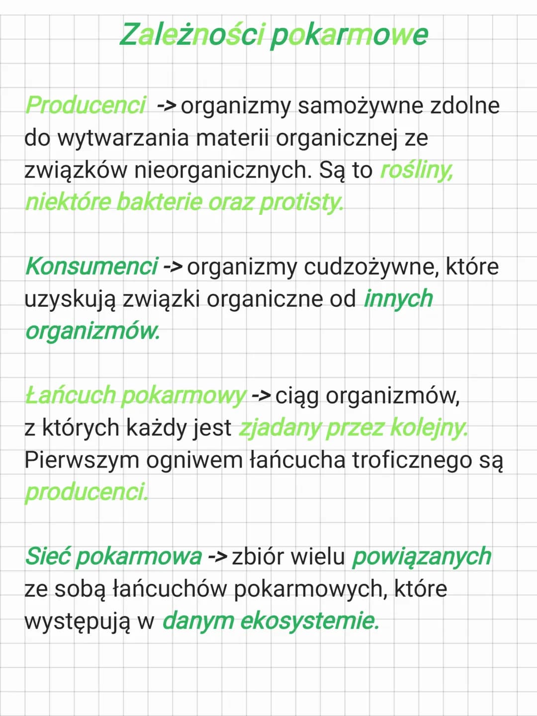 Zależności pokarmowe
Producenci -> organizmy samożywne zdolne
do wytwarzania materii organicznej ze
związków nieorganicznych. Są to rośliny,