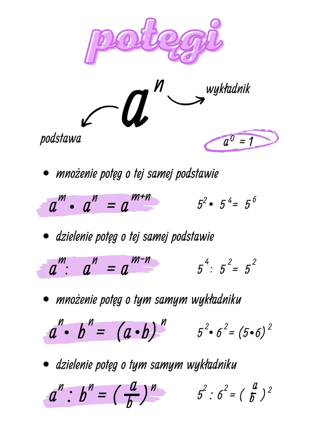 podstawa
m
potęgi
a”
а
• mnożenie potęg o tej samej podstawie
a
●
и
a" = a
m+n
m
и
a : a = a
wykładnik
• dzielenie potęg o tej samej podstaw