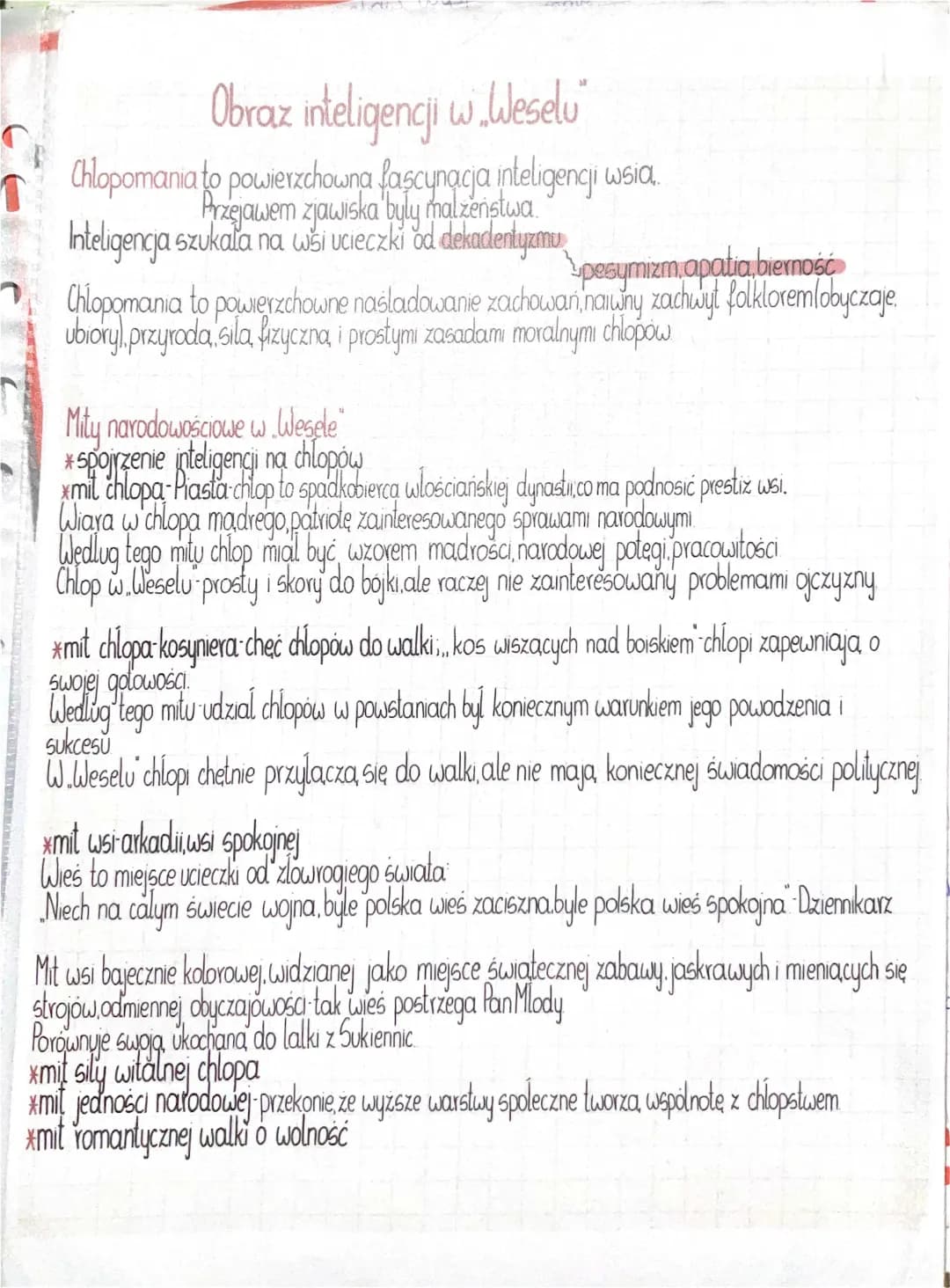 Wesele: Mity i Chłopomania - Mit racławicki, Mit jedności narodowej, Charakterystyka inteligencji