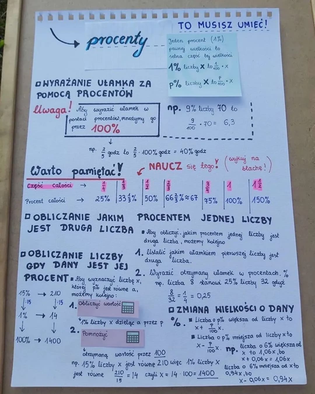 procenty
OWYRAŻANIE UŁAMKA ZA
POMOCĄ PROCENTÓW
Uwaga! Aby wyrazić
Procent calosci
ulamek w
postaci procentow, mnożymy go
przez 100%
np.
Wart