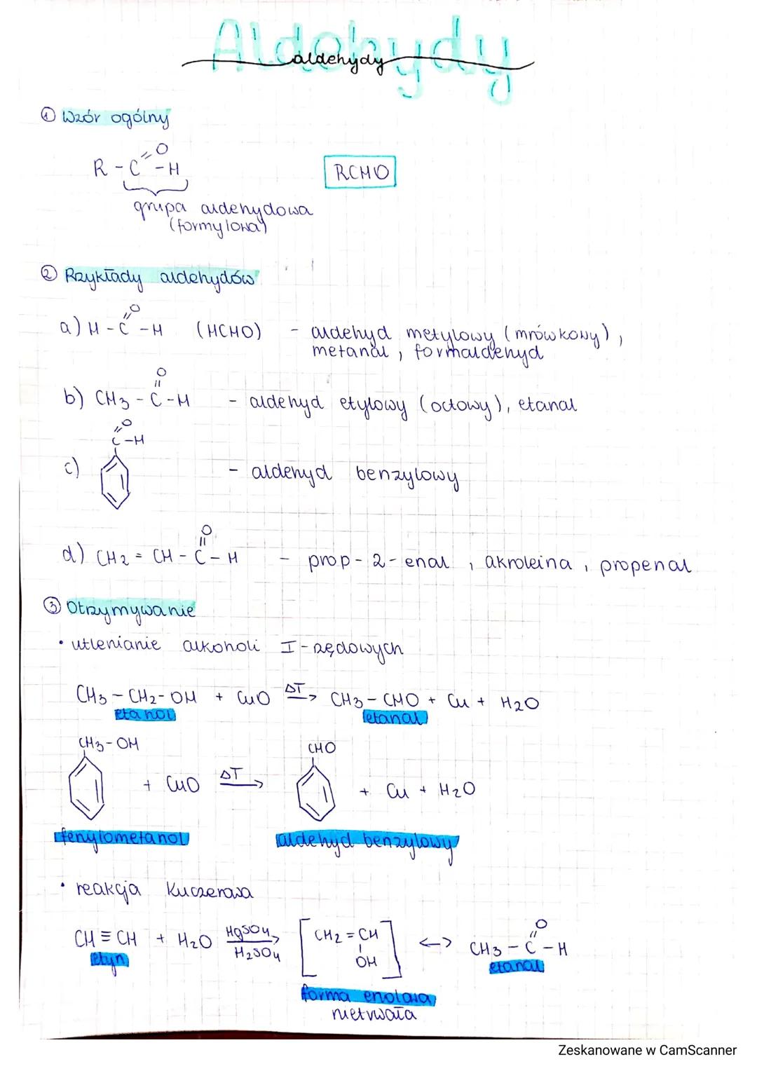 # Aldehydy

Wzór ogólny

20
R-C-H

grupa aldehydowa
(formy lona)

RCHO

Rzykłady aldehydów

a) H-C-H (ИCHO) - aldehyd metylowy (mrówkowy),
m