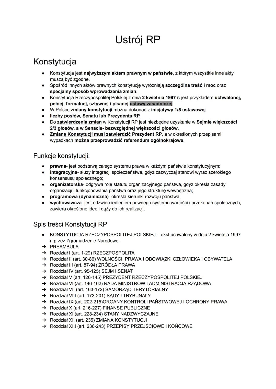Konstytucja
Konstytucja jest najwyższym aktem prawnym w państwie, z którym wszystkie inne akty
muszą być zgodne.
Spośród innych aktów prawny