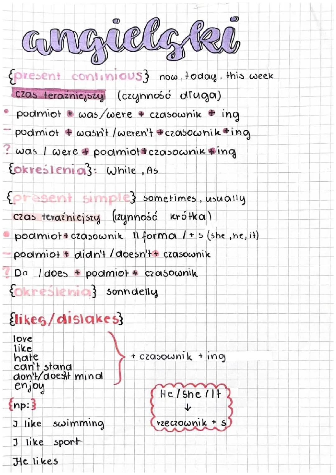 notatka jezyk anngielski present continious present simple likes / dislakes