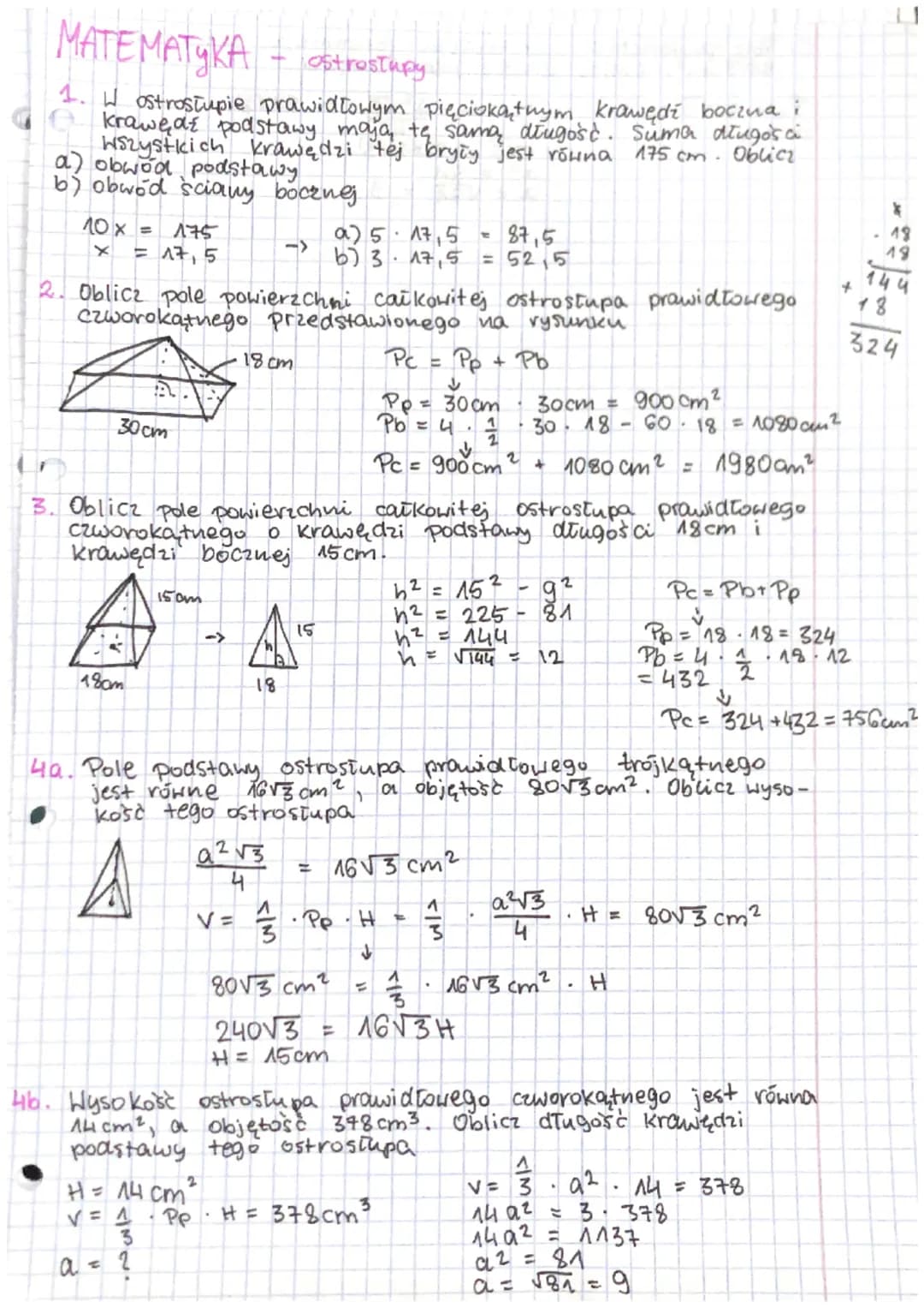 MATEMATYKA
- ostrostupy
1. W ostrostupie prawidłowym pięciokątnym krawędź boczna i
podstawy mają tę samą długość. Suma długo's a
krawędzi te