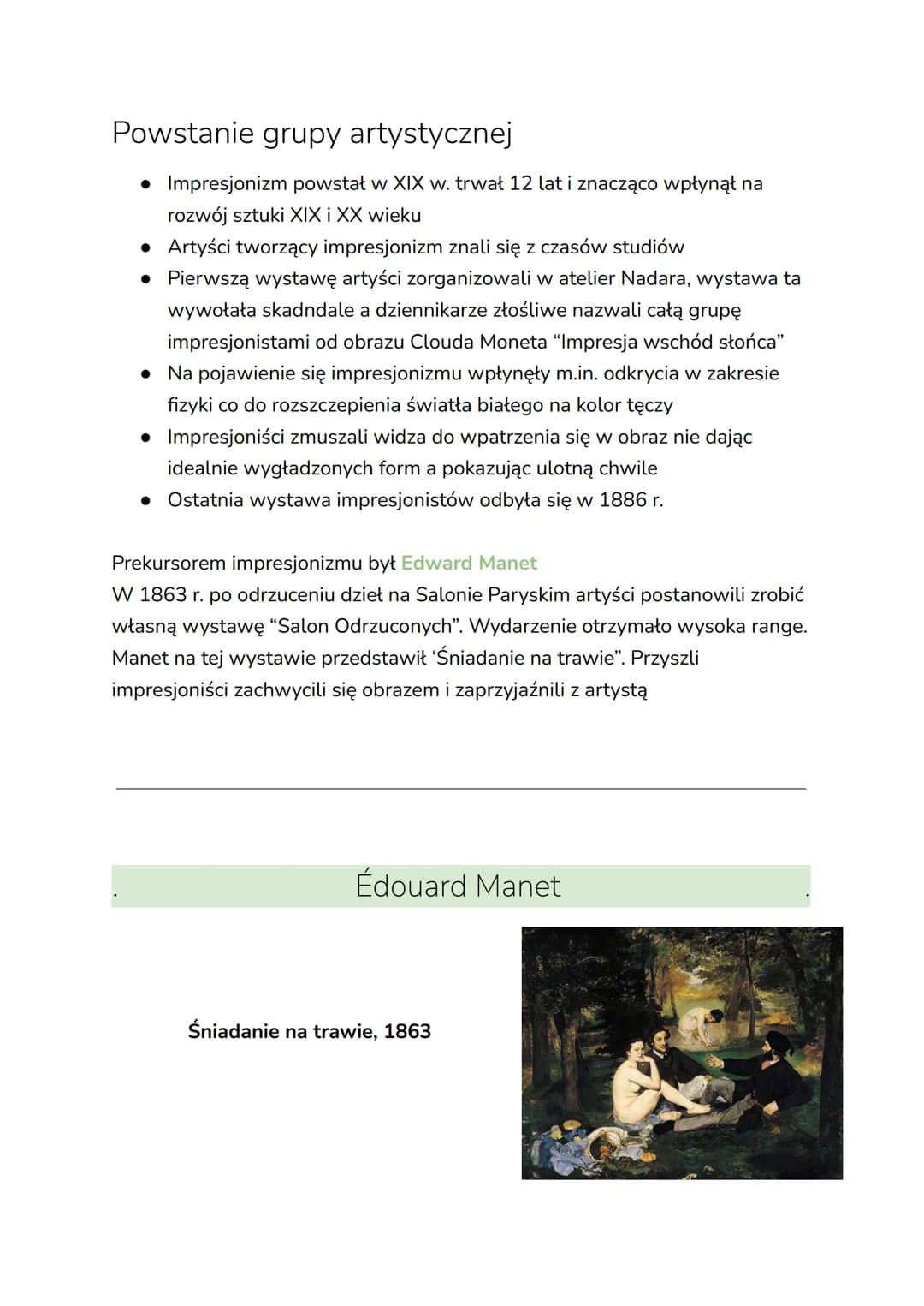 IMPRESJONIZM
Cechy
● Ważne było malowanie z natury w plenerze (było to możliwe dzięki
farbie w tubkach i przenośnym sztalugą)
• Głównym zało