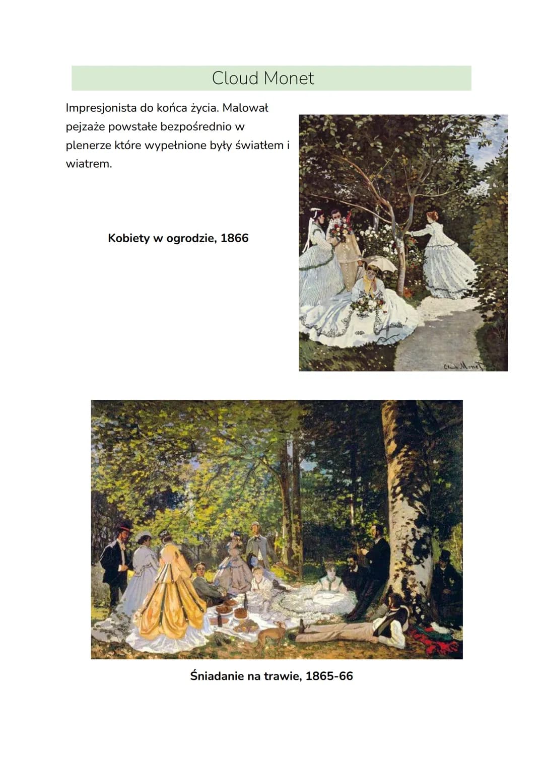 IMPRESJONIZM
Cechy
● Ważne było malowanie z natury w plenerze (było to możliwe dzięki
farbie w tubkach i przenośnym sztalugą)
• Głównym zało