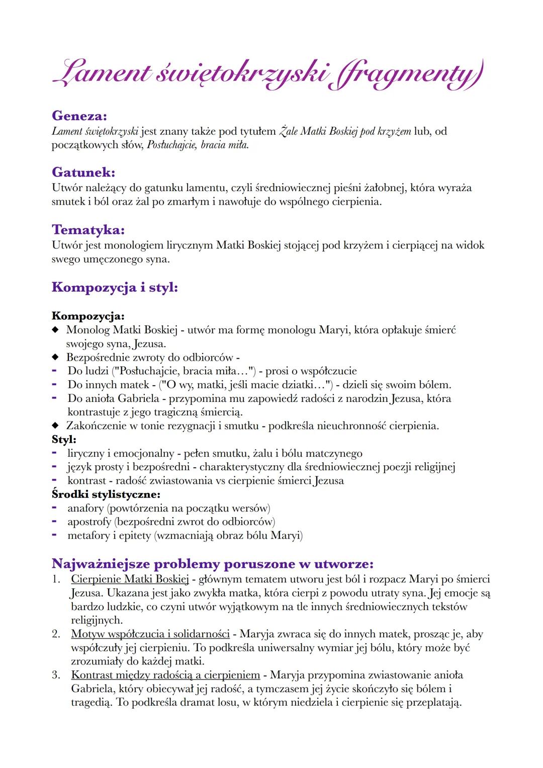 --- OCR Start ---
Lament świętokrzyski (fragmenty)
Geneza:
Lament świętokrzyski jest znany także pod tytułem Żale Matki Boskiej pod krzyżem 