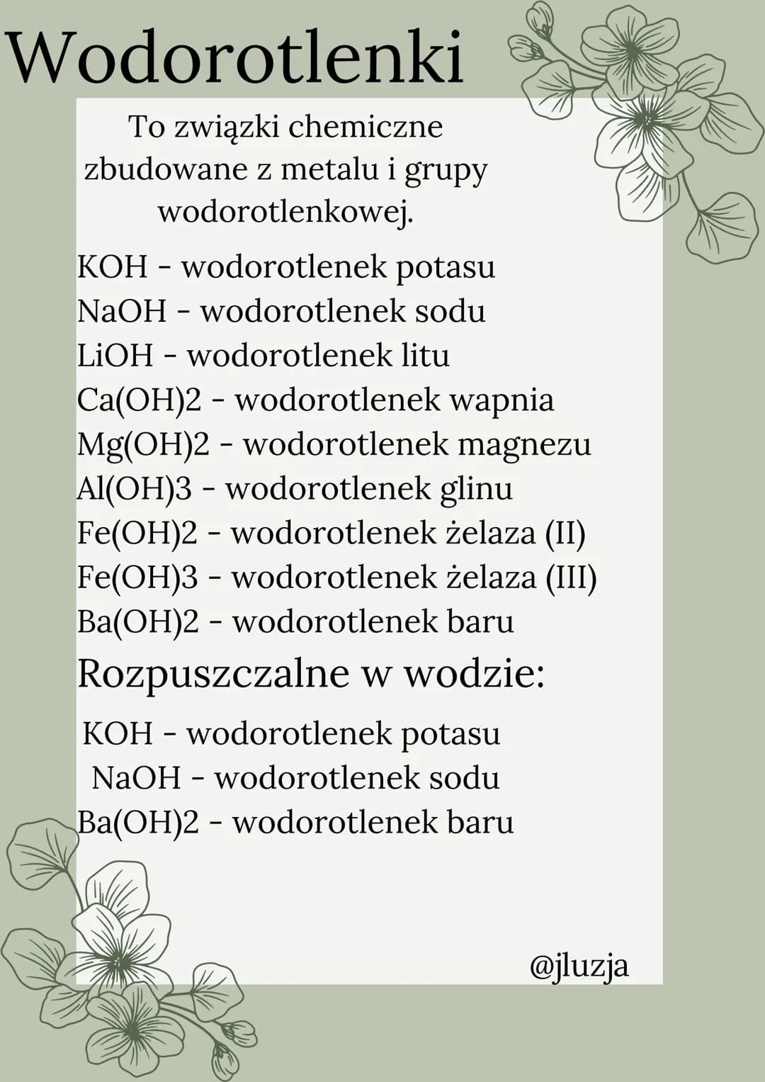 Wodorotlenki
To związki chemiczne
zbudowane z metalu i grupy
wodorotlenkowej.
KOH - wodorotlenek potasu
NaOH - wodorotlenek sodu
LiOH - wodo