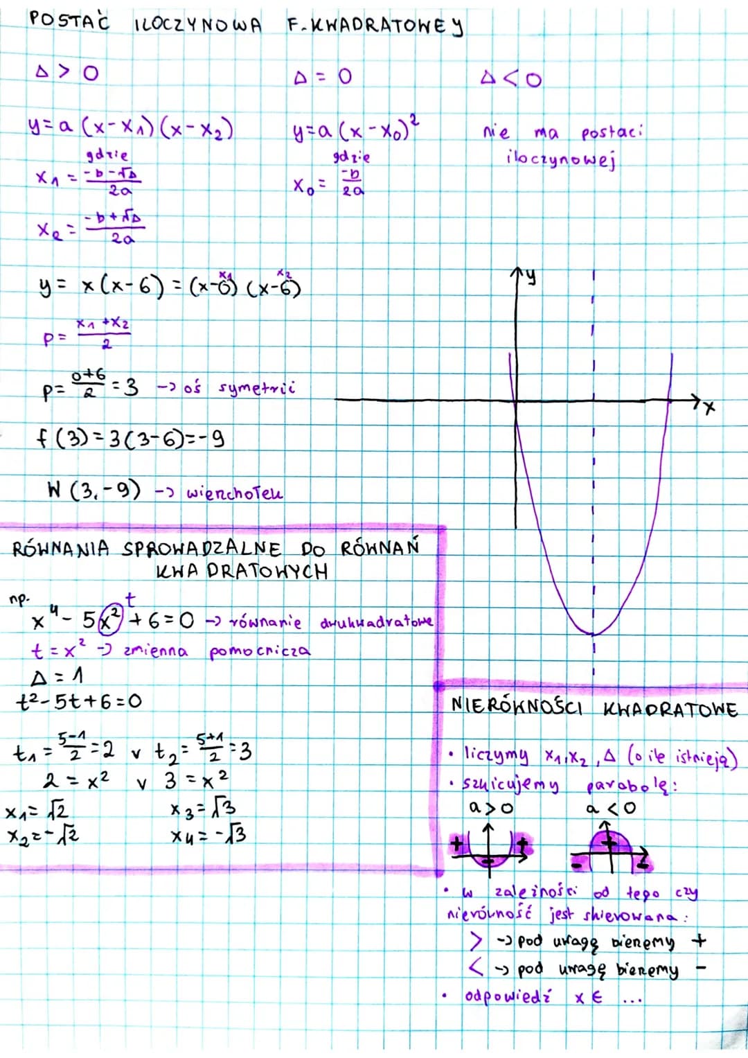 FUNKCJA KWADRATOWA
2
y = ax² -> wzór funkcji kwadratowej
↓
ахо
"wesota"
np-
1
y = ax ² +bx+c
-) pogólna f. kwadratowej R
y= a (x-p)² + q −) 