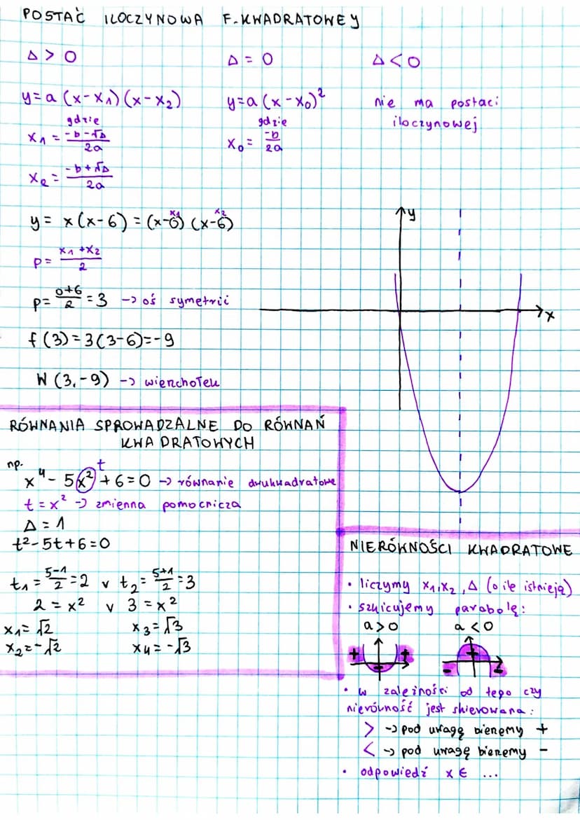 FUNKCJA KWADRATOWA
2
y = ax² -> wzór funkcji kwadratowej
↓
ахо
"wesota"
np-
1
y = ax ² +bx+c
-) pogólna f. kwadratowej R
y= a (x-p)² + q −) 