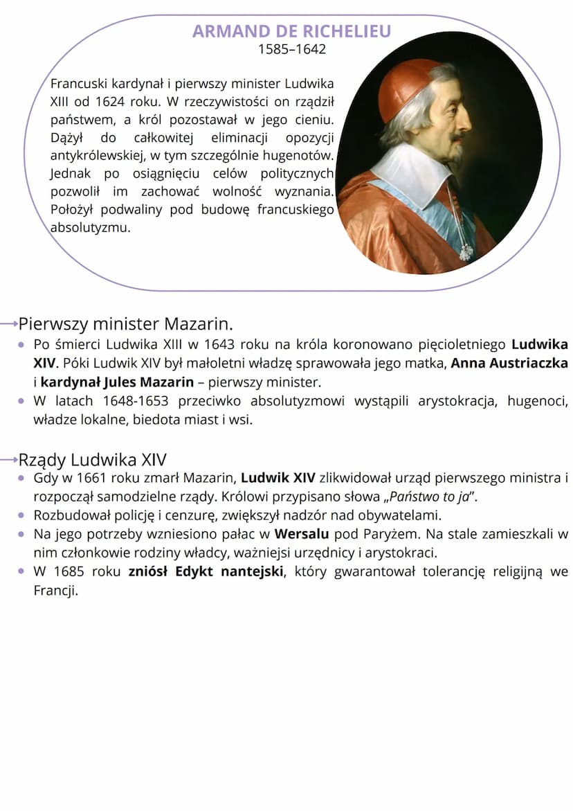 absolutyzm we Franci
1642-1661
1624-1642
kardynał Richelieu
1661-1715
kardynał Mazarin
pierwszym ministrem pierwszym ministrem
samodzielne r