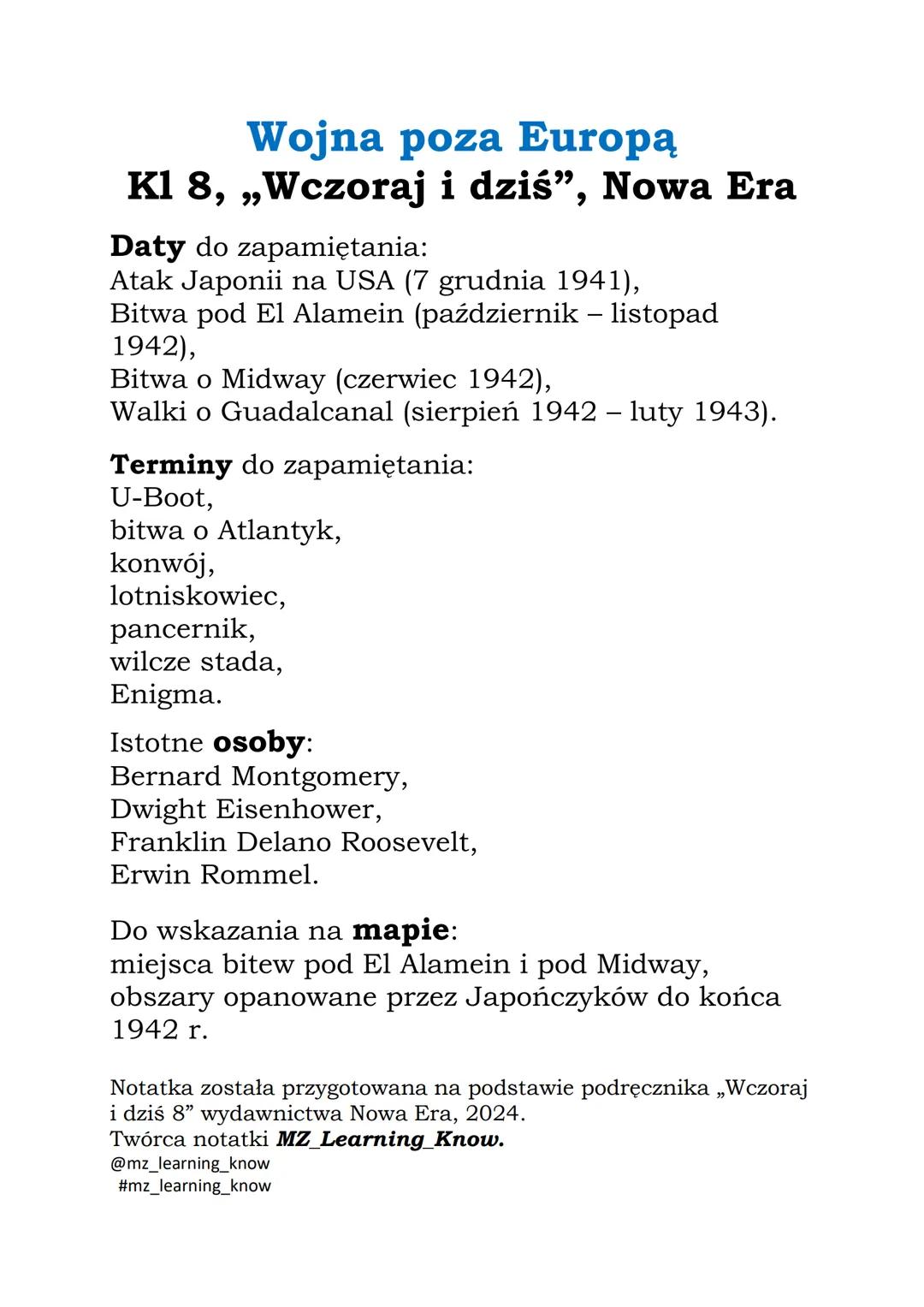 # Wojna poza Europą

K1 8, „Wczoraj i dziś”, Nowa Era

Daty do zapamiętania:
- Atak Japonii na USA (7 grudnia 1941),
- Bitwa pod El Alamein 