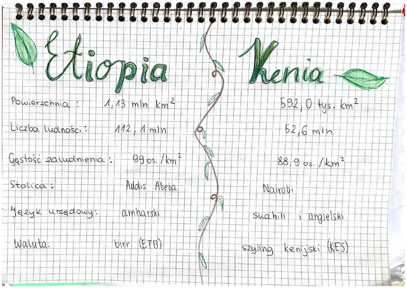 Etiopia & Kenia
↓↓
·leży we wschodniej Afryce
(w części nazwanej rogiem
Afrydi)
leży we wschodniej części
Afryki, po obu stronach równika
Po