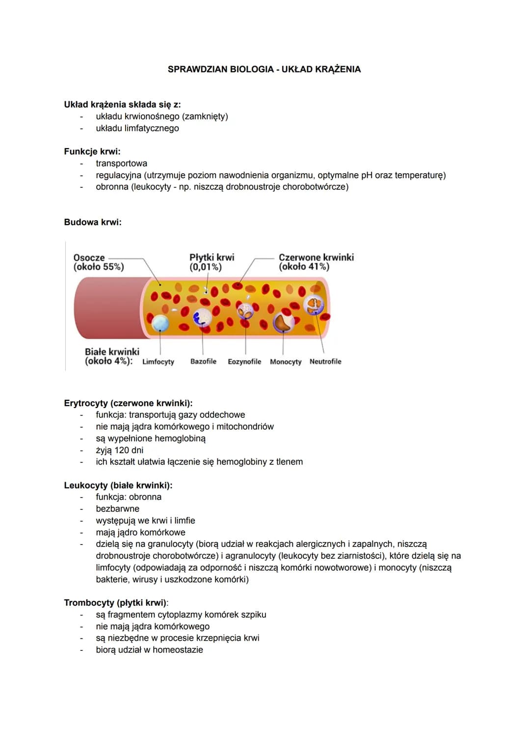 Układ krążenia składa się z:
układu krwionośnego (zamknięty)
układu limfatycznego
Funkcje krwi:
SPRAWDZIAN BIOLOGIA - UKŁAD KRĄŻENIA
transpo