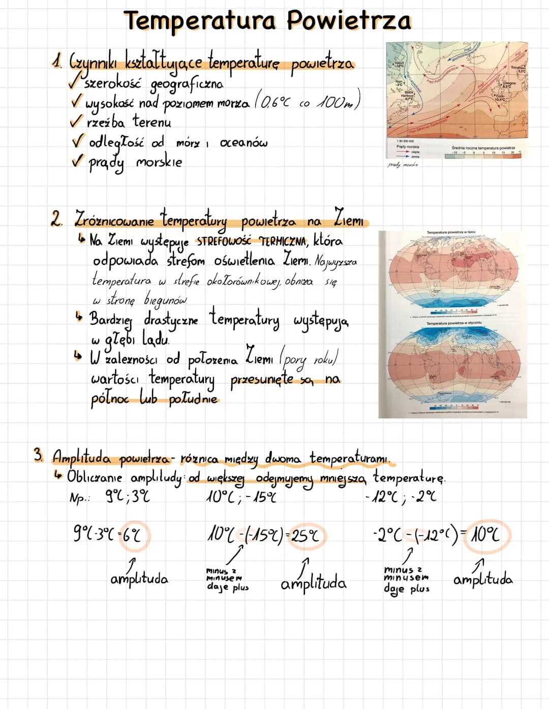 Temperatura
1. Czynniki kształtujące temperature powietrza
szerokość geograficzna
✓ wysokość nad poziomem morza (0,6°C 100m)
✓ rzeźba terenu