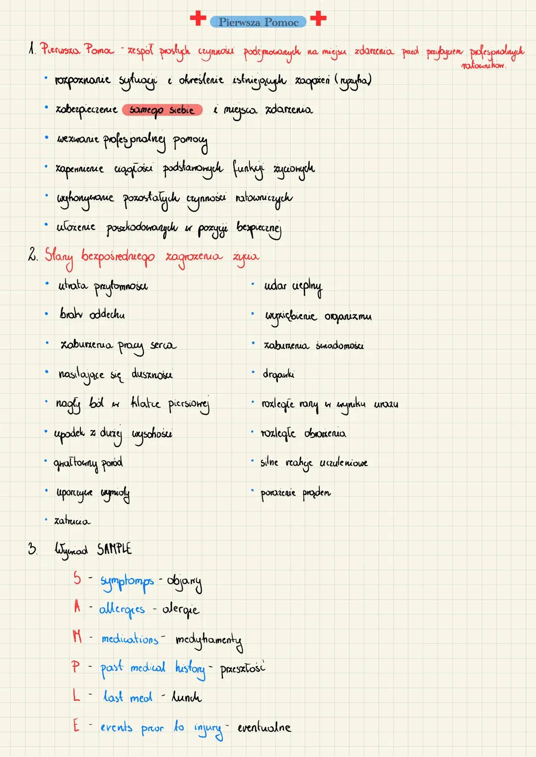 ➡+ Pierwsza pomoc
1. Pierwsza Pomoc - zespół prosłych czynności podejmowanych na miejsu zdarzenia przed przybyciem profesjonalnych
rozpoznan