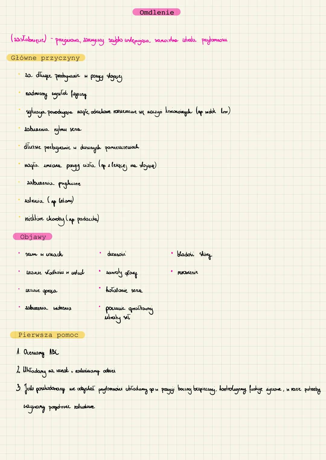 ➡+ Pierwsza pomoc
1. Pierwsza Pomoc - zespół prosłych czynności podejmowanych na miejsu zdarzenia przed przybyciem profesjonalnych
rozpoznan