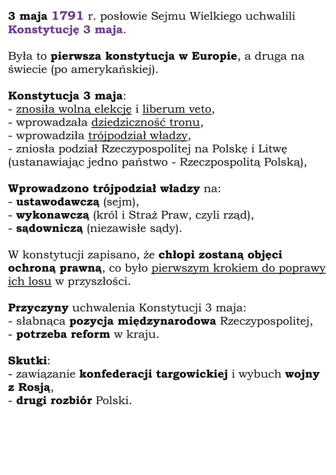 Sejm Wielki i Konstytucja
3 maja
3 maja 1791 r. uchwalenie Konstytucji 3 maja
1792 r. - konfederacja targowicka
1793 r. drugi rozbiór Polski