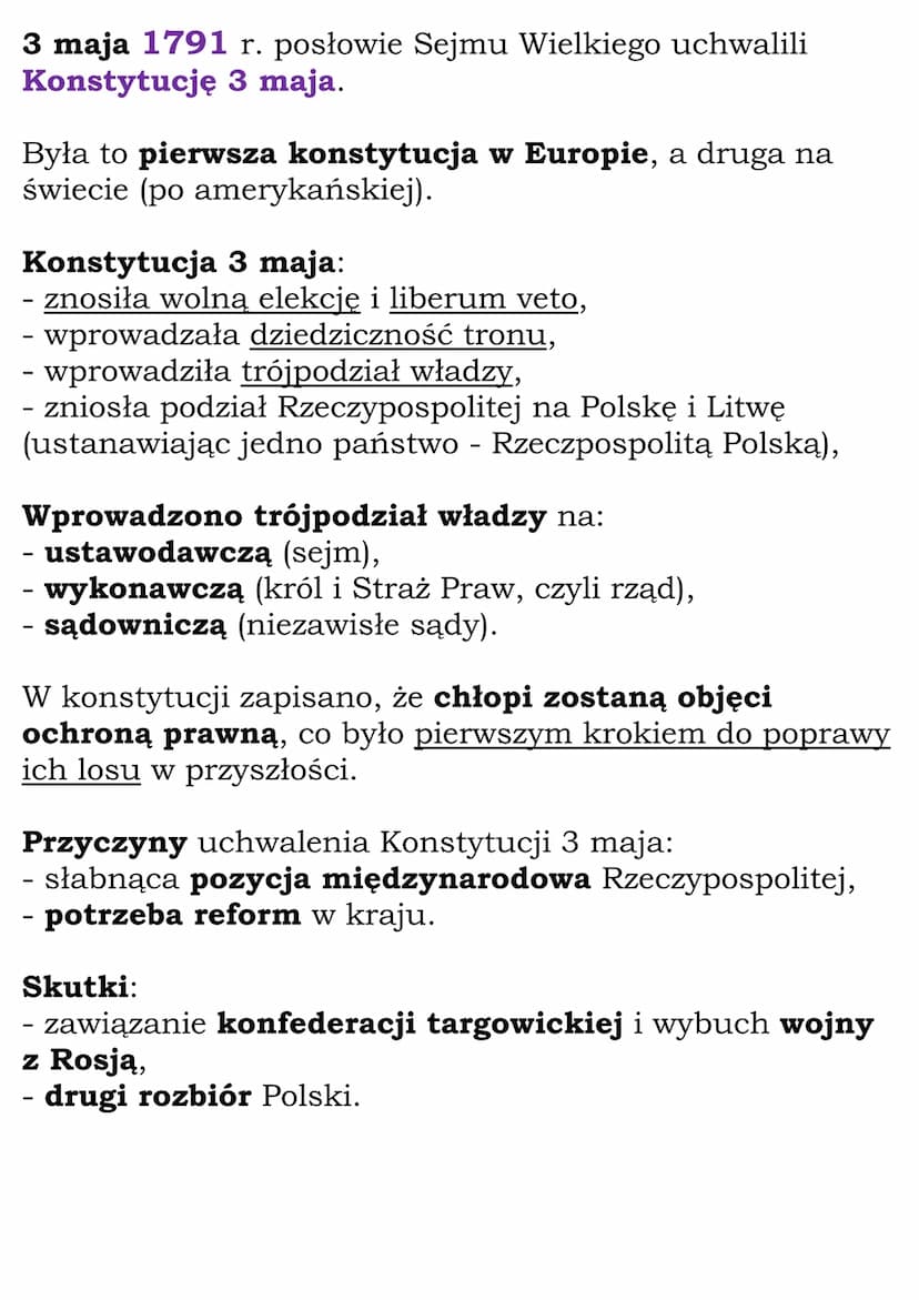 Sejm Wielki i Konstytucja
3 maja
3 maja 1791 r. uchwalenie Konstytucji 3 maja
1792 r. - konfederacja targowicka
1793 r. drugi rozbiór Polski