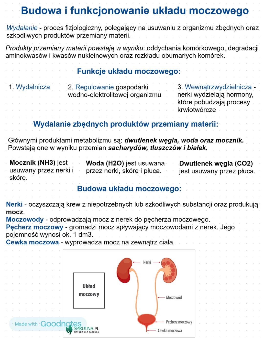 Budowa i funkcjonowanie układu moczowego
Wydalanie - proces fizjologiczny, polegający na usuwaniu z organizmu zbędnych oraz
szkodliwych prod