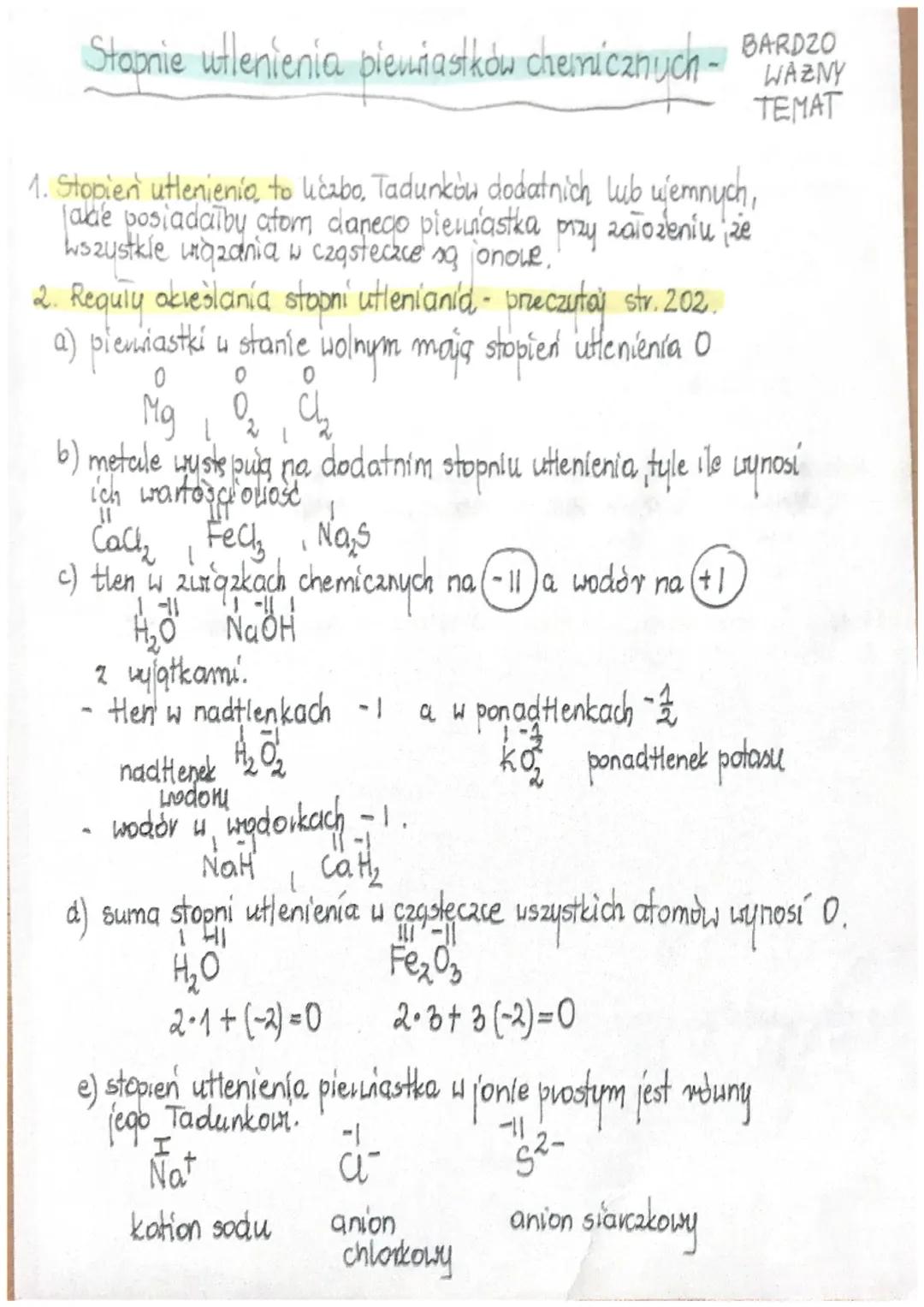 Stopnie utlenienia piewiastków chemicznych -
1. Stopien utlenienia to licabo, Tadunków dodatnich lub ujemnych,
jade posiadaiby atom danego p
