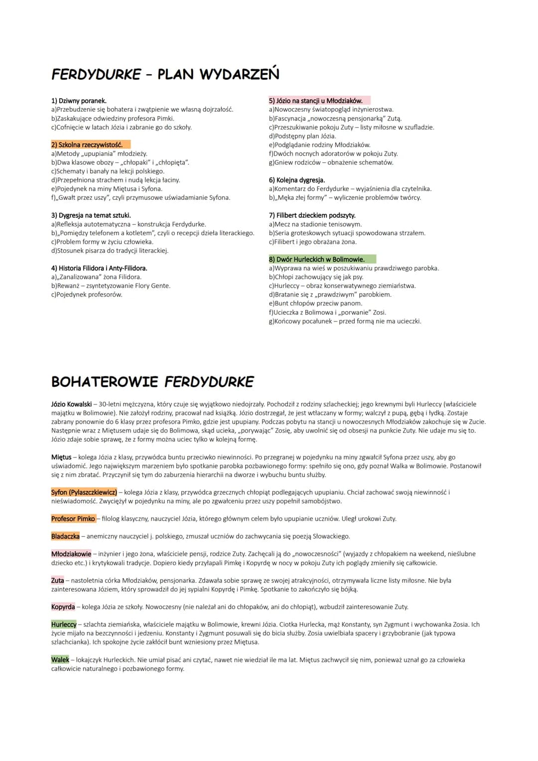 FERDYDURKE - PLAN WYDARZEŃ
1) Dziwny poranek.
a)Przebudzenie się bohatera i zwątpienie we własną dojrzałość.
b)Zaskakujące odwiedziny profes