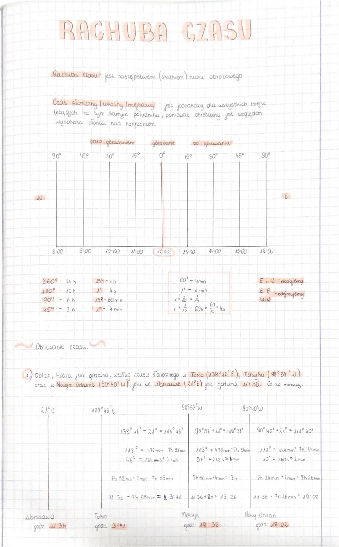 w
RACHUBA CZASU
Rachuba czasu jest następstwem (skutkiem) ruchu obrotowego
Czas słoneczny / Lokalny / miejscowy - jest jednakowy dla wszystk