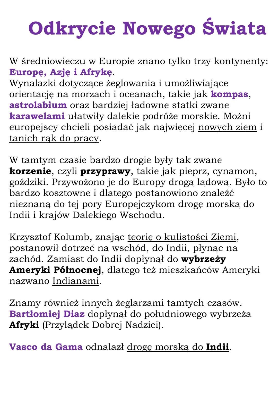 # Odkrycie Nowego Świata

W średniowieczu w Europie znano tylko trzy kontynenty:
Europę, Azję i Afrykę.

Wynalazki dotyczące żeglowania i um