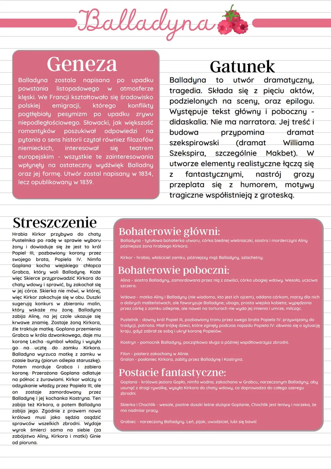 Balladyna
Geneza
Balladyna zostala napisana po upadku
powstania listopadowego W atmosferze
klęski. We Francji kształtowało się środowisko
po