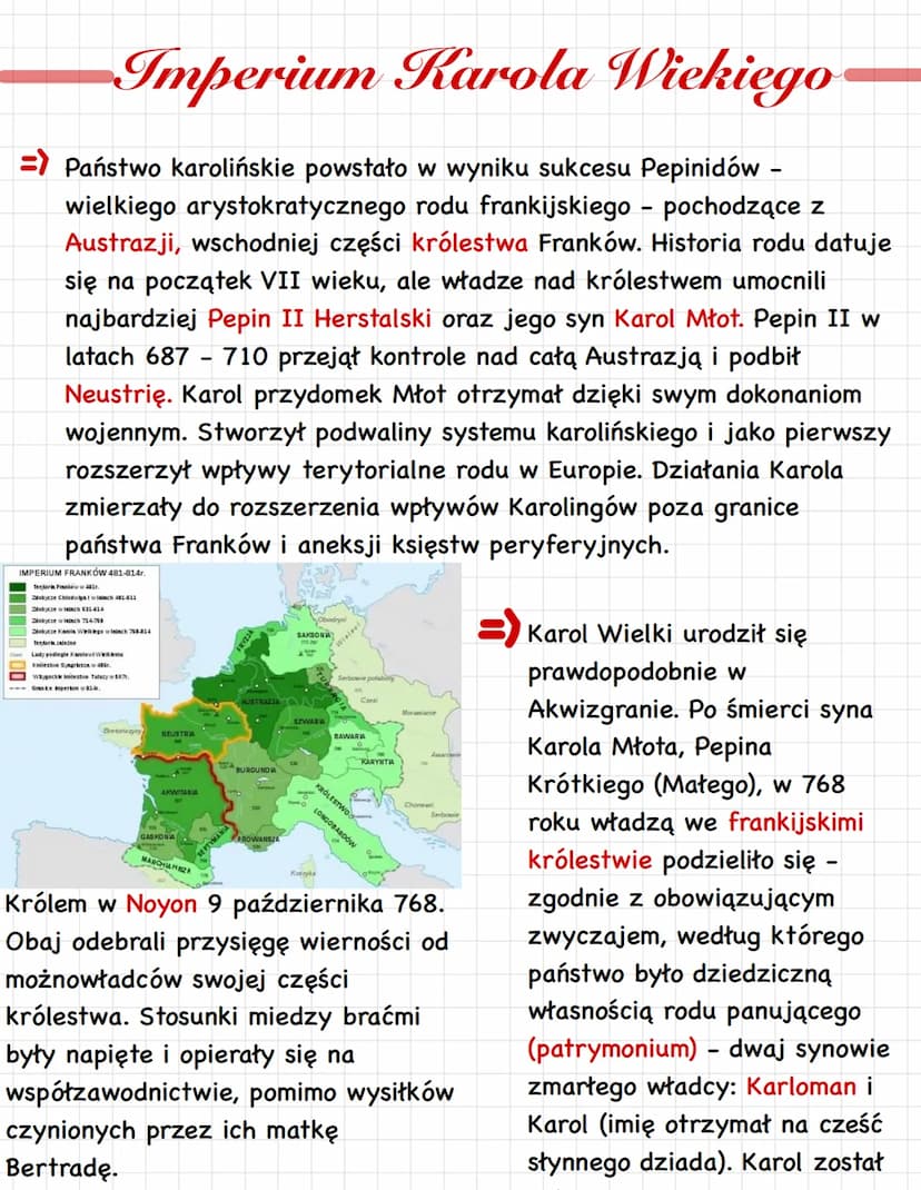 Imperium Karola Wiekiego
Państwo karolińskie powstało w wyniku sukcesu Pepinidów -
wielkiego arystokratycznego rodu frankijskiego - pochodzą