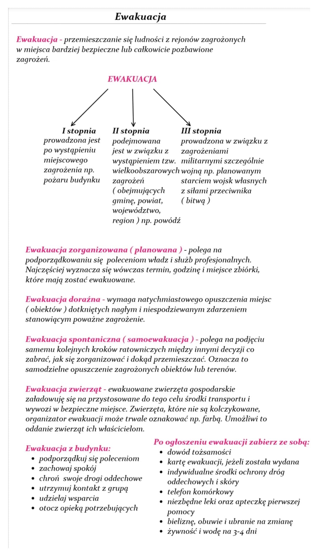 Ewakuacja
Ewakuacja - przemieszczanie się ludności z rejonów zagrożonych
w miejsca bardziej bezpieczne lub całkowicie pozbawione
zagrożeń.
I