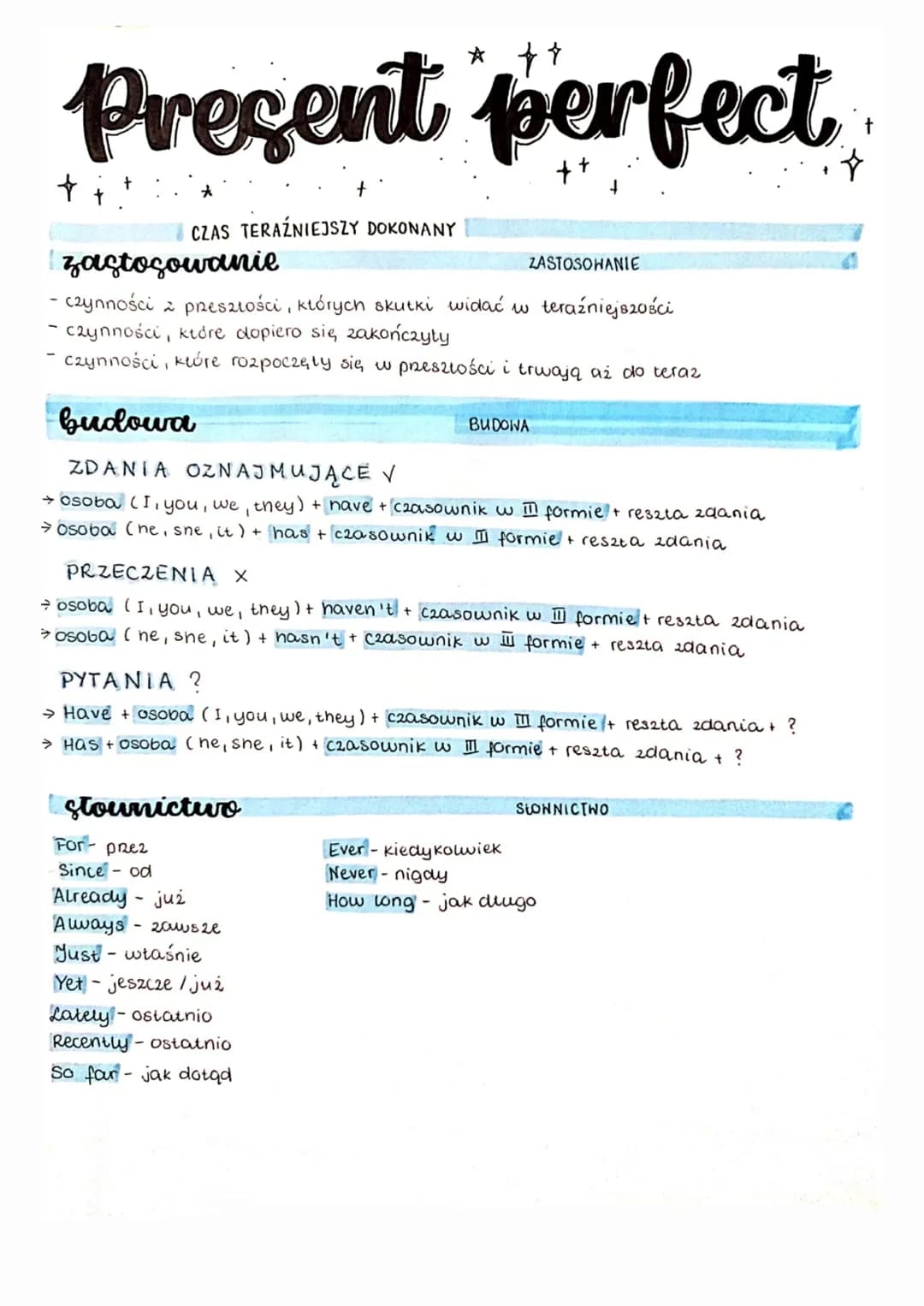 Present perfect
+++
+
CZAS TERAŹNIEJSZY DOKONANY
zastosowanie
- czynności z przeszłości, których skutki widać w teraźniejszości
- czynności,