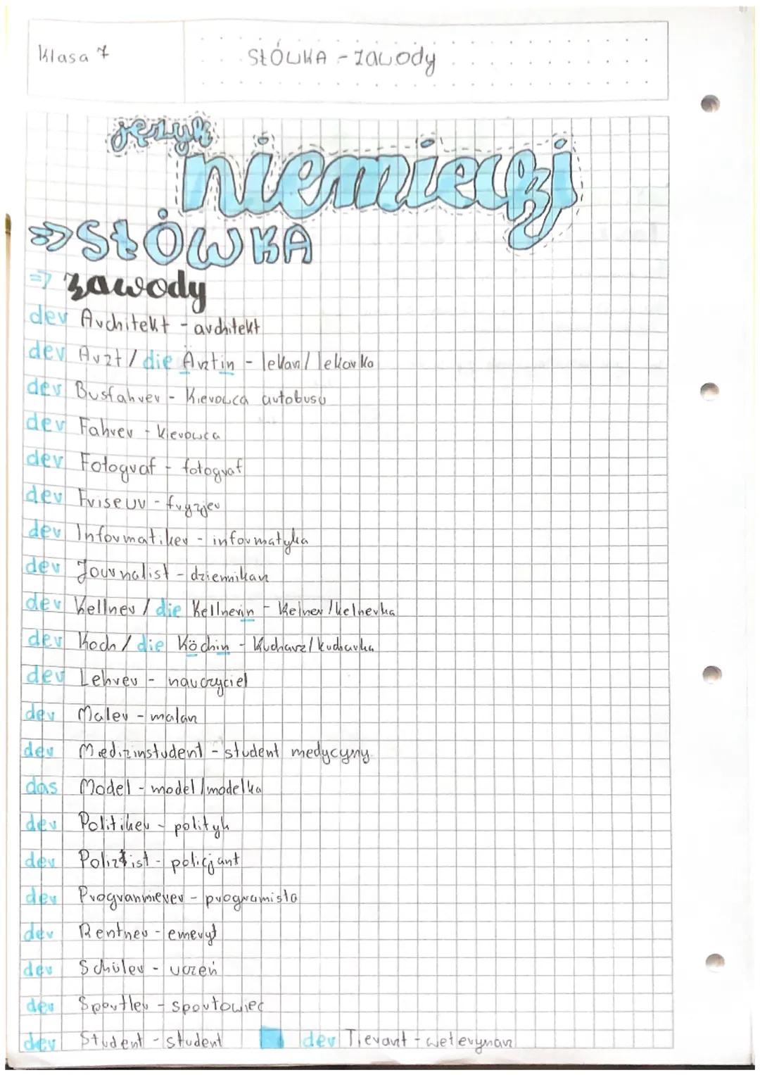 Klasa 7
Resum
SŁÓWKA - Zawody
hiemicry
>SŁÓWKA
zawody
dev Auchitekt -architekt
dev Auzt / die Arztin - lekandekov ka
der Busfahrer - Kievouc