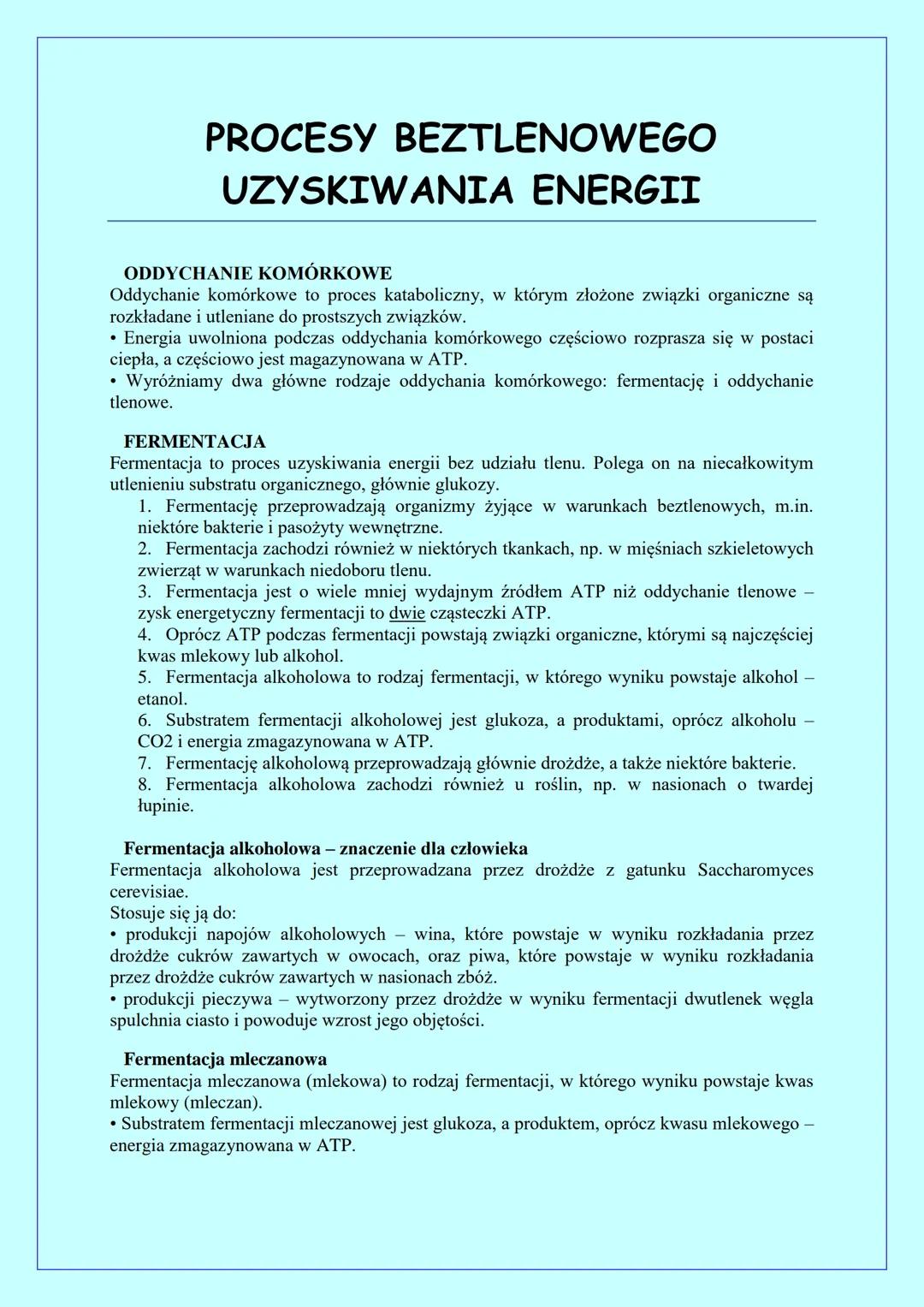 PROCESY BEZTLENOWEGO
UZYSKIWANIA ENERGII
ODDYCHANIE KOMÓRKOWE
Oddychanie komórkowe to proces kataboliczny, w którym złożone związki organicz