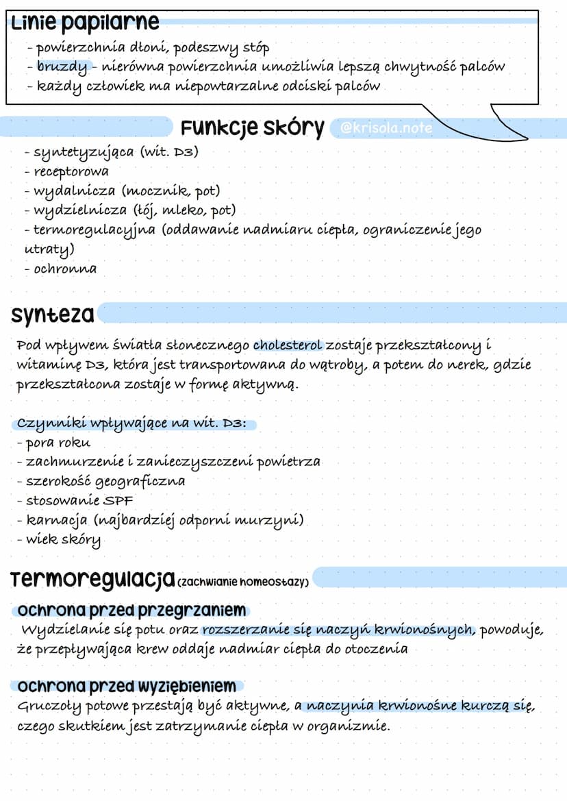 Linie papilarne
- powierzchnia dłoni, podeszwy stóp
- bruzdy - nierówna powierzchnia umożliwia lepszą chwytność palców
- każdy człowiek ma n