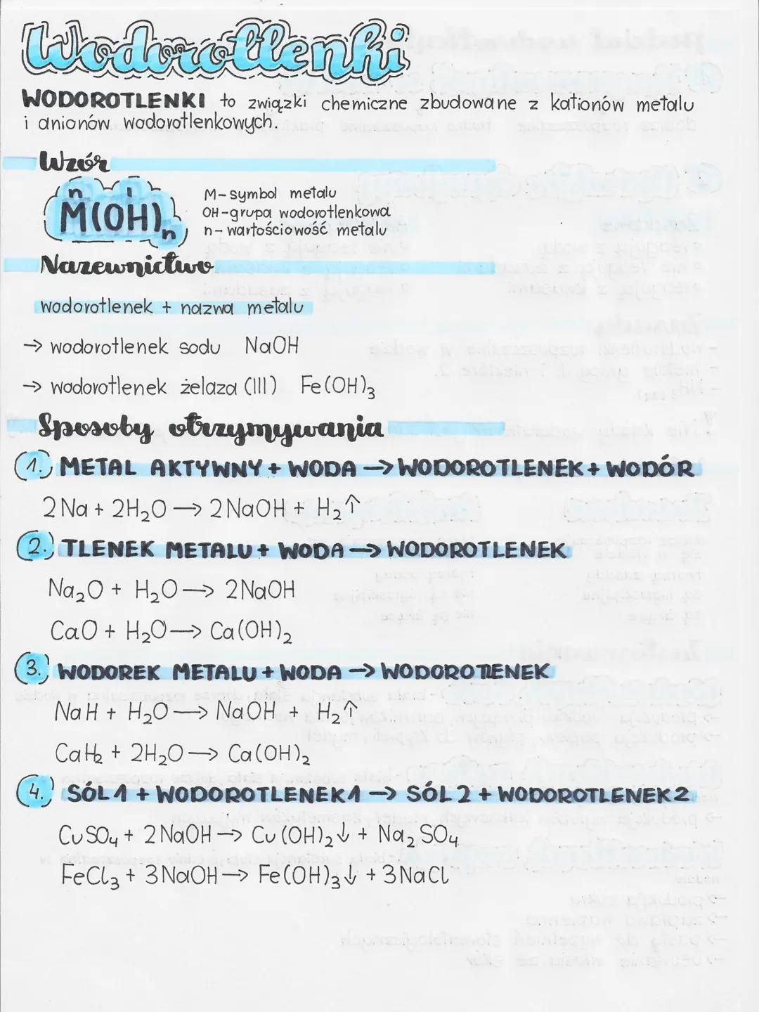 # Wodorotlenki

WODOROTLENKI to związki chemiczne zbudowane z kationów metalu
i anionów wodorotlenkowych.

Wzór
$M(OH)_n$
M - symbol metalu

