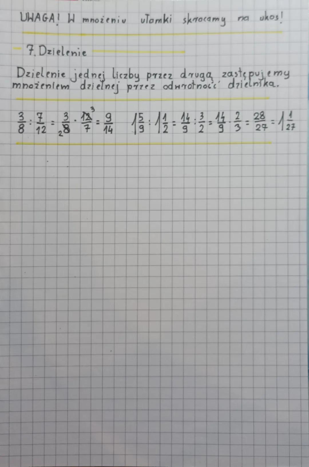 # Vlamyi

# Zevynte

- 1. Skracanie

Dzielenie Licznika i mianownika przez tę sama
Liczbę.

```
4
8   2
--=--
12  3
4
```

2. Rozszerzanie

