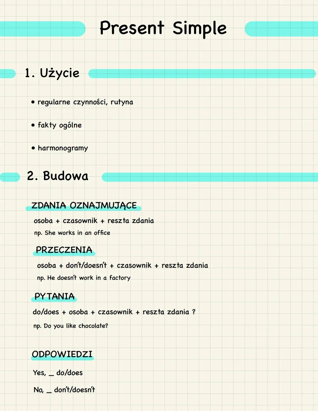 1. Użycie
• regularne czynności, rutyna
• fakty ogólne
• harmonogramy
2. Budowa
ZDANIA OZNAJMUJĄCE
osoba + czasownik + reszta zdania
np. She