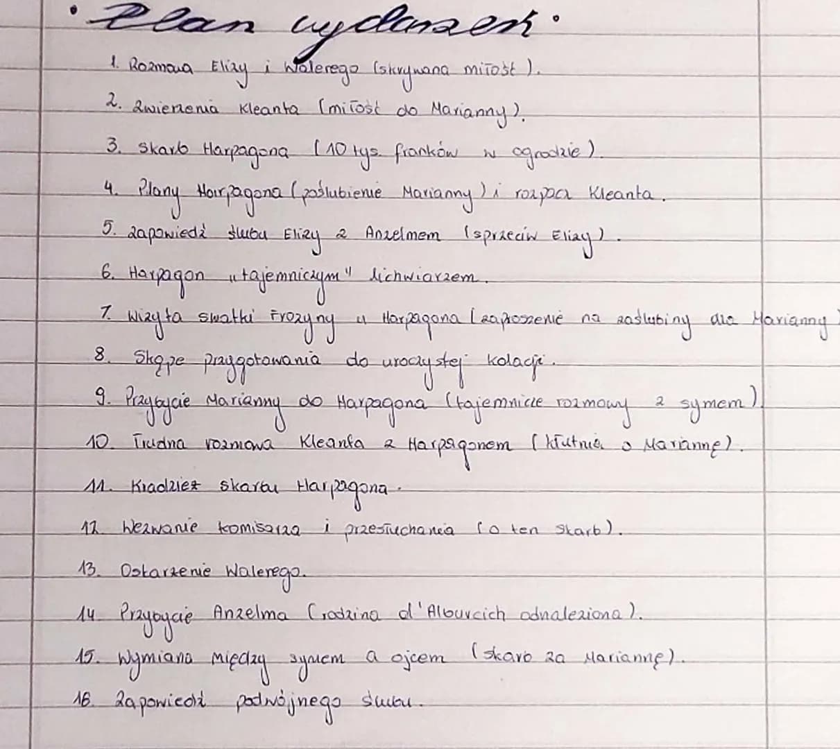 Ilan wyclasen.
mitost).
1. Bozmowa Elizy i wolerego (skrywana
2. 2 wienenia Kleanta (miłość do Marianny ).
3. Skarb Harpagona (10 tys. frank