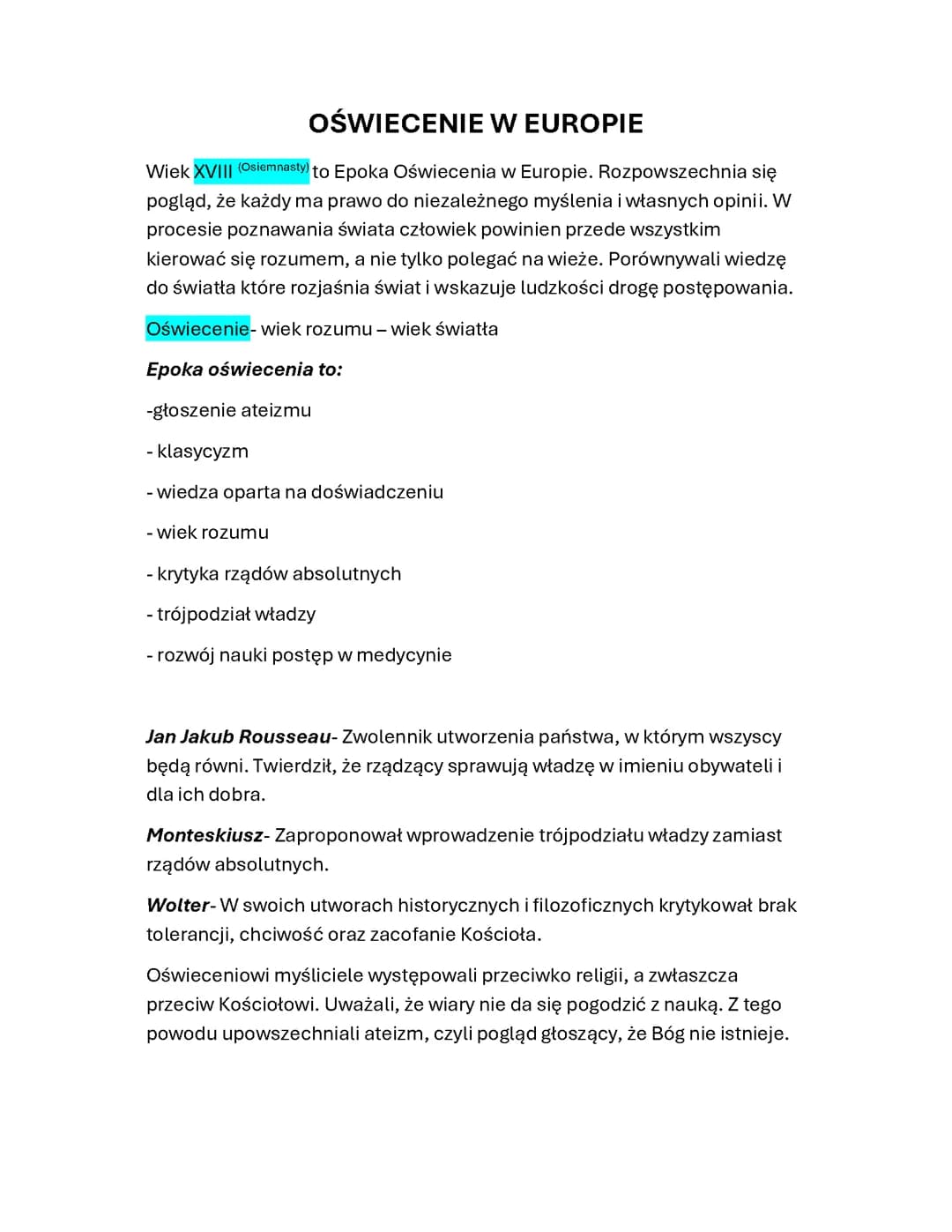 OŚWIECENIE W EUROPIE  