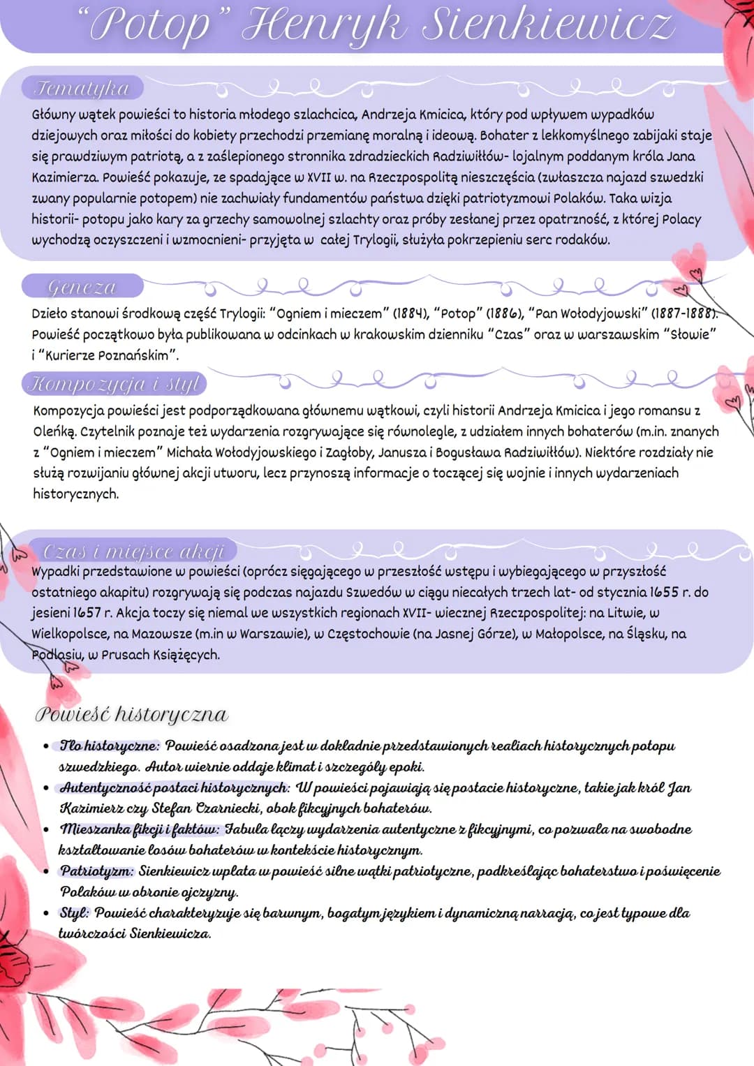 "Potop" Henryk Sienkiewicz
Tematyka
Główny wątek powieści to historia młodego szlachcica, Andrzeja Kmicica, który pod wpływem wypadków
dziej