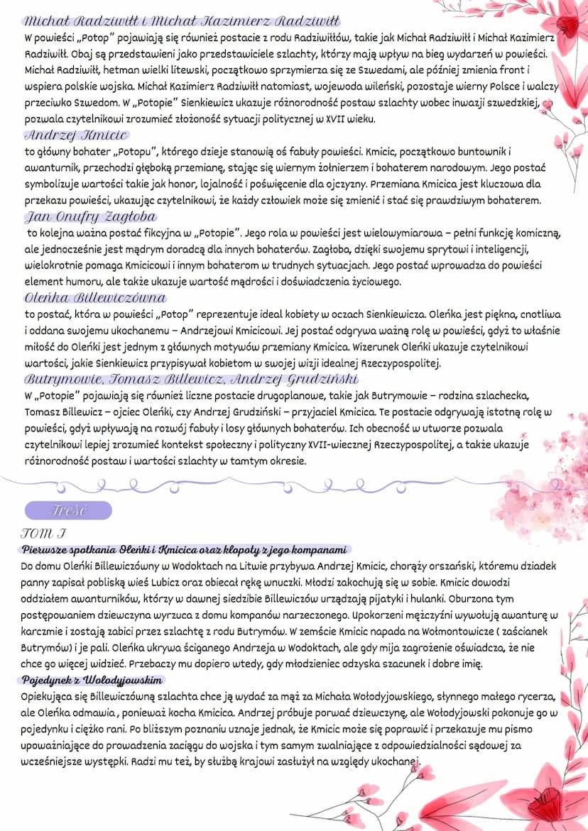 "Potop" Henryk Sienkiewicz
Tematyka
Główny wątek powieści to historia młodego szlachcica, Andrzeja Kmicica, który pod wpływem wypadków
dziej
