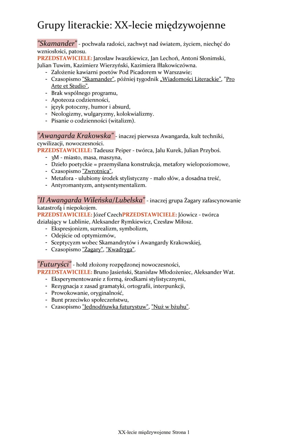 Grupy literackie: XX-lecie międzywojenne
"Skamander" - pochwała radości, zachwyt nad światem, życiem, niechęć do
wzniosłości, patosu.
PRZEDS