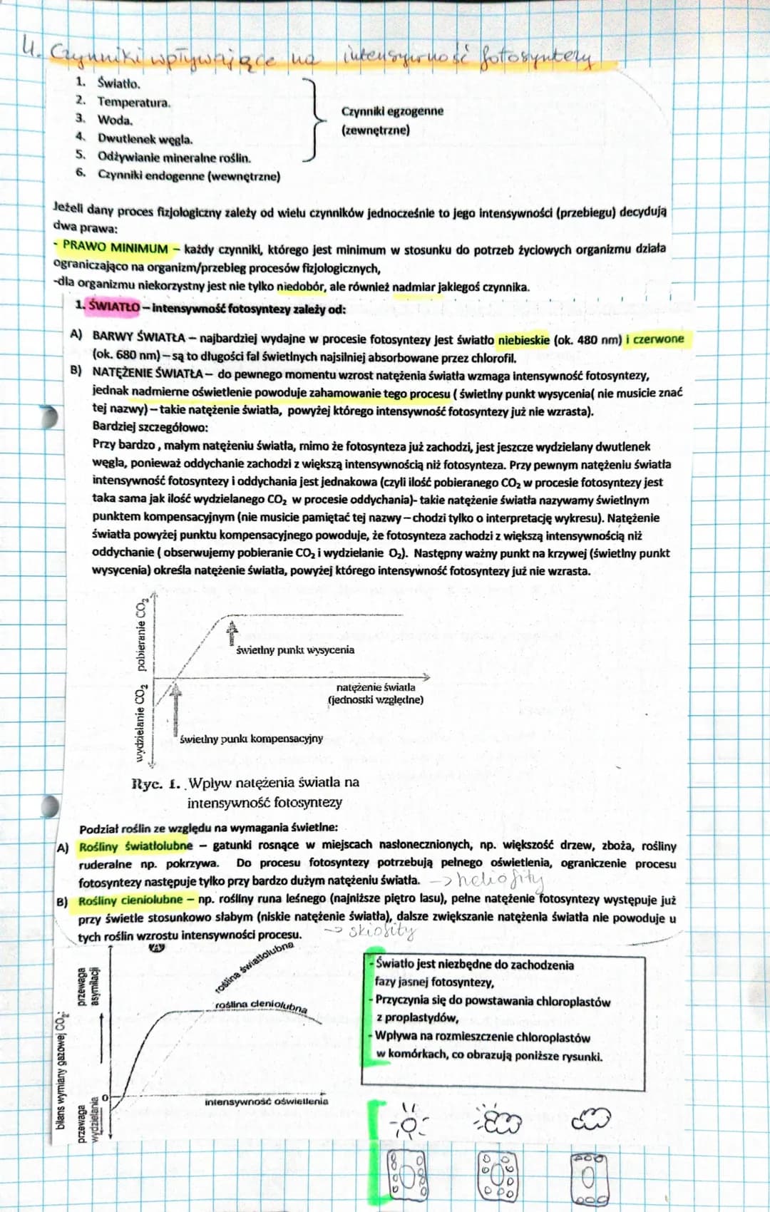 U. Czynniki wpływające na intensyur nose fotosyntery
1. Światło.
2. Temperatura.
3. Woda.
4. Dwutlenek węgla.
5. Odżywianie mineralne roślin