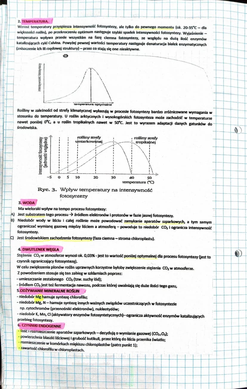 U. Czynniki wpływające na intensyur nose fotosyntery
1. Światło.
2. Temperatura.
3. Woda.
4. Dwutlenek węgla.
5. Odżywianie mineralne roślin