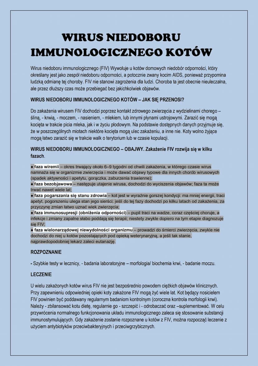 Choroby zakaźne kotów
-panleukopenia, - wirus białaczki kotów, - herpeswirus typu 1, - kaliciwirus
kotów, - bordetella bronchiseptica, - wir